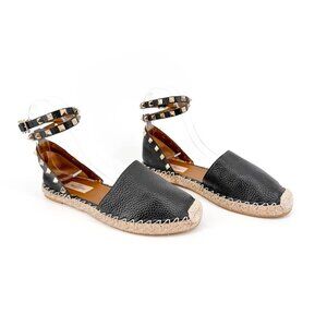 Valentino Garavani Rockstud Espadrille Flat Sandals Black Leather Size 38 US 8
